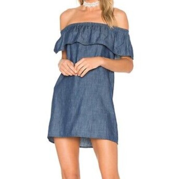 Soft Joie Women's Nilima Off Shoulder Ruffled‎ Chambray Blue Mini Dress Small - Picture 1 of 5